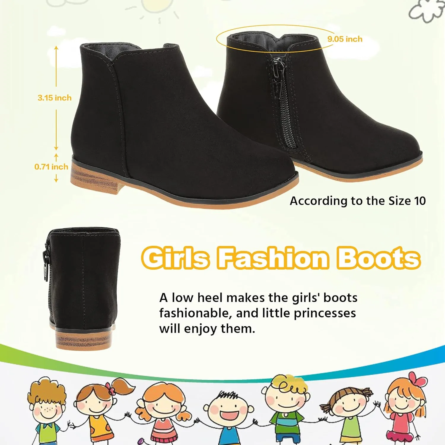 Girls Ankle Boots for Kids - Side Zipper Booties, Fashion Short Suede Low Heels