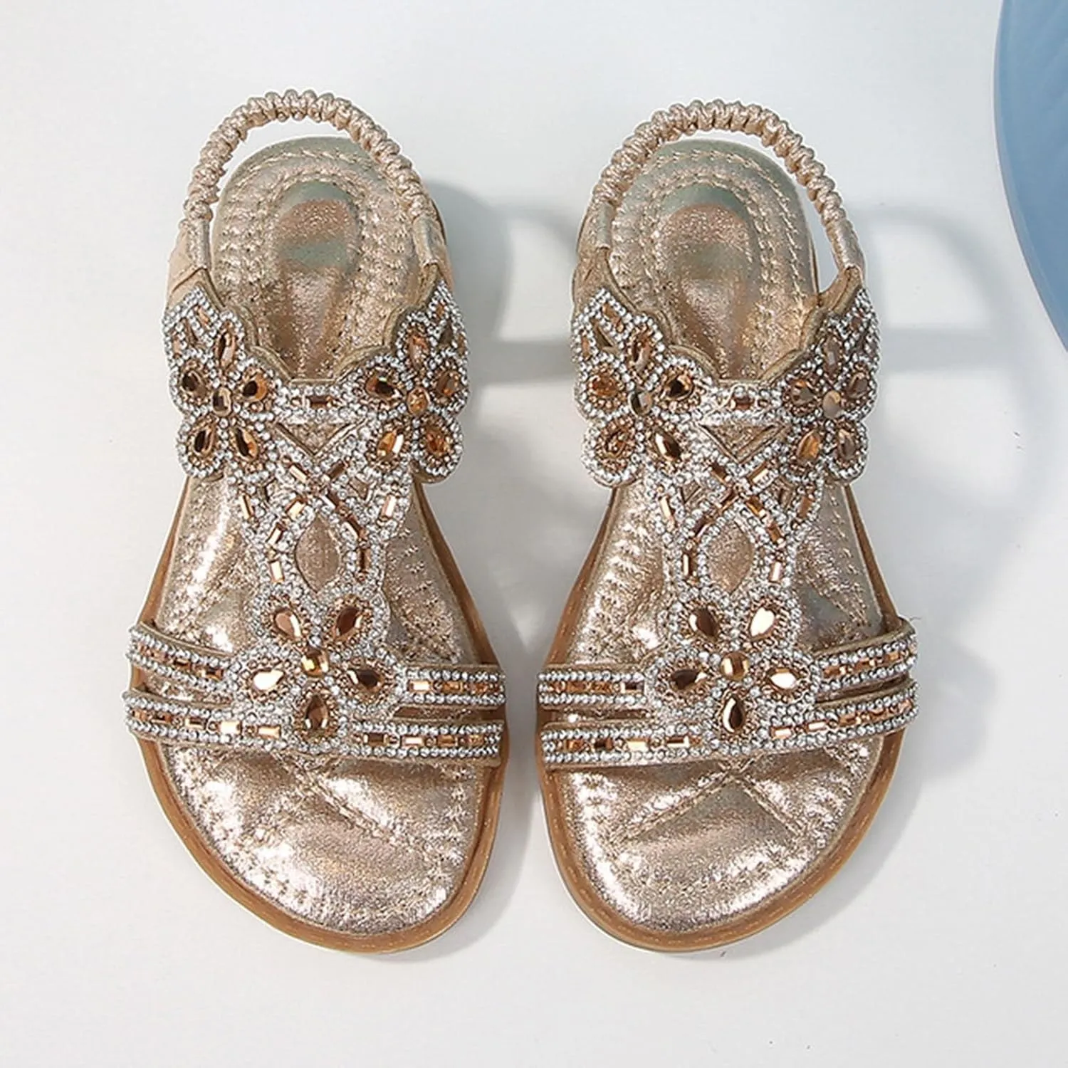 Girls Bohemian Crystal Flats Low Wedge Rhinestone Sandals Open Toe Elastic Ankle T-Strap Flip Flops for Wedding