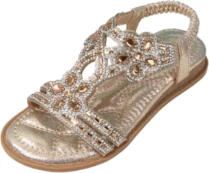 Girls Bohemian Crystal Flats Low Wedge Rhinestone Sandals Open Toe Elastic Ankle T-Strap Flip Flops for Wedding