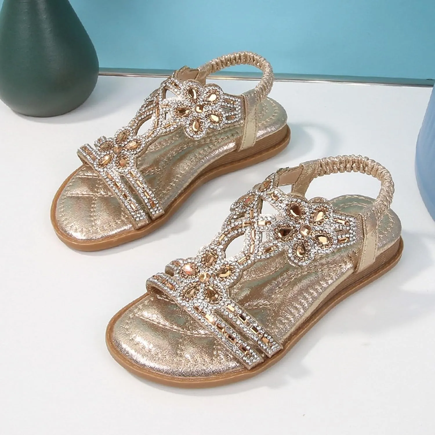 Girls Bohemian Crystal Flats Low Wedge Rhinestone Sandals Open Toe Elastic Ankle T-Strap Flip Flops for Wedding