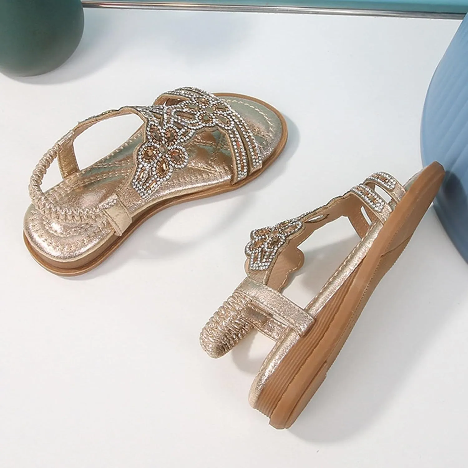 Girls Bohemian Crystal Flats Low Wedge Rhinestone Sandals Open Toe Elastic Ankle T-Strap Flip Flops for Wedding