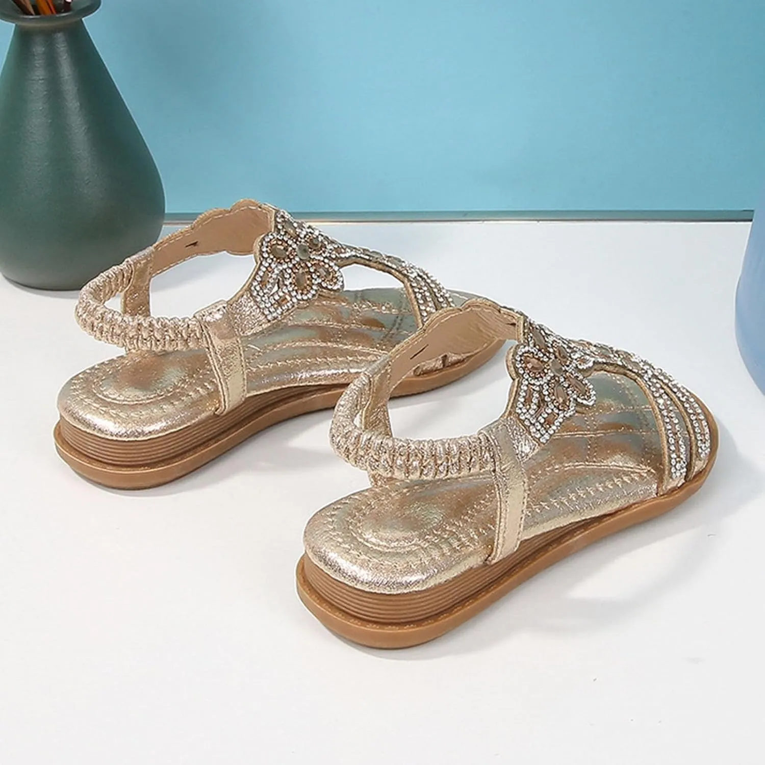 Girls Bohemian Crystal Flats Low Wedge Rhinestone Sandals Open Toe Elastic Ankle T-Strap Flip Flops for Wedding