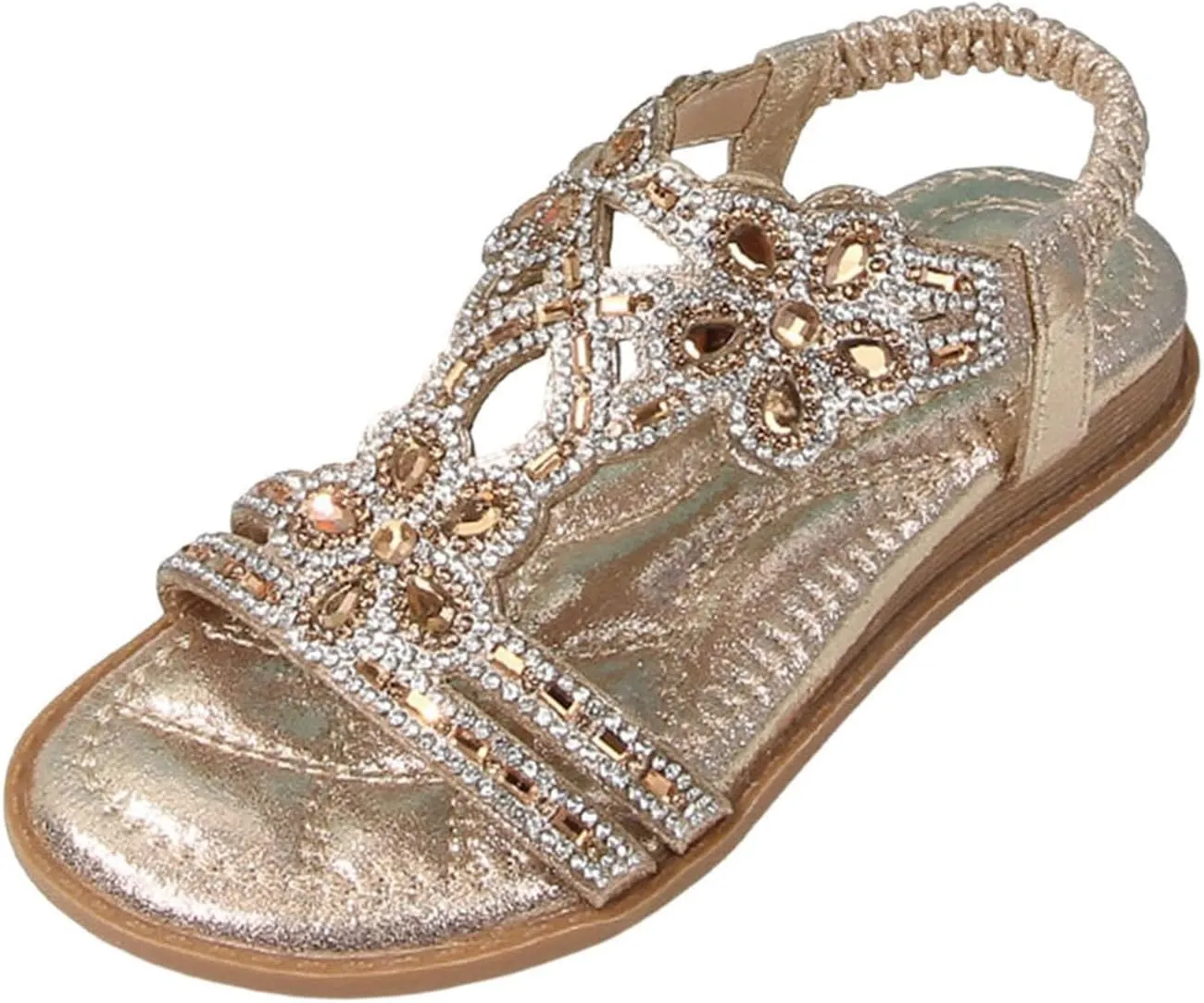 Girls Bohemian Crystal Flats Low Wedge Rhinestone Sandals Open Toe Elastic Ankle T-Strap Flip Flops for Wedding