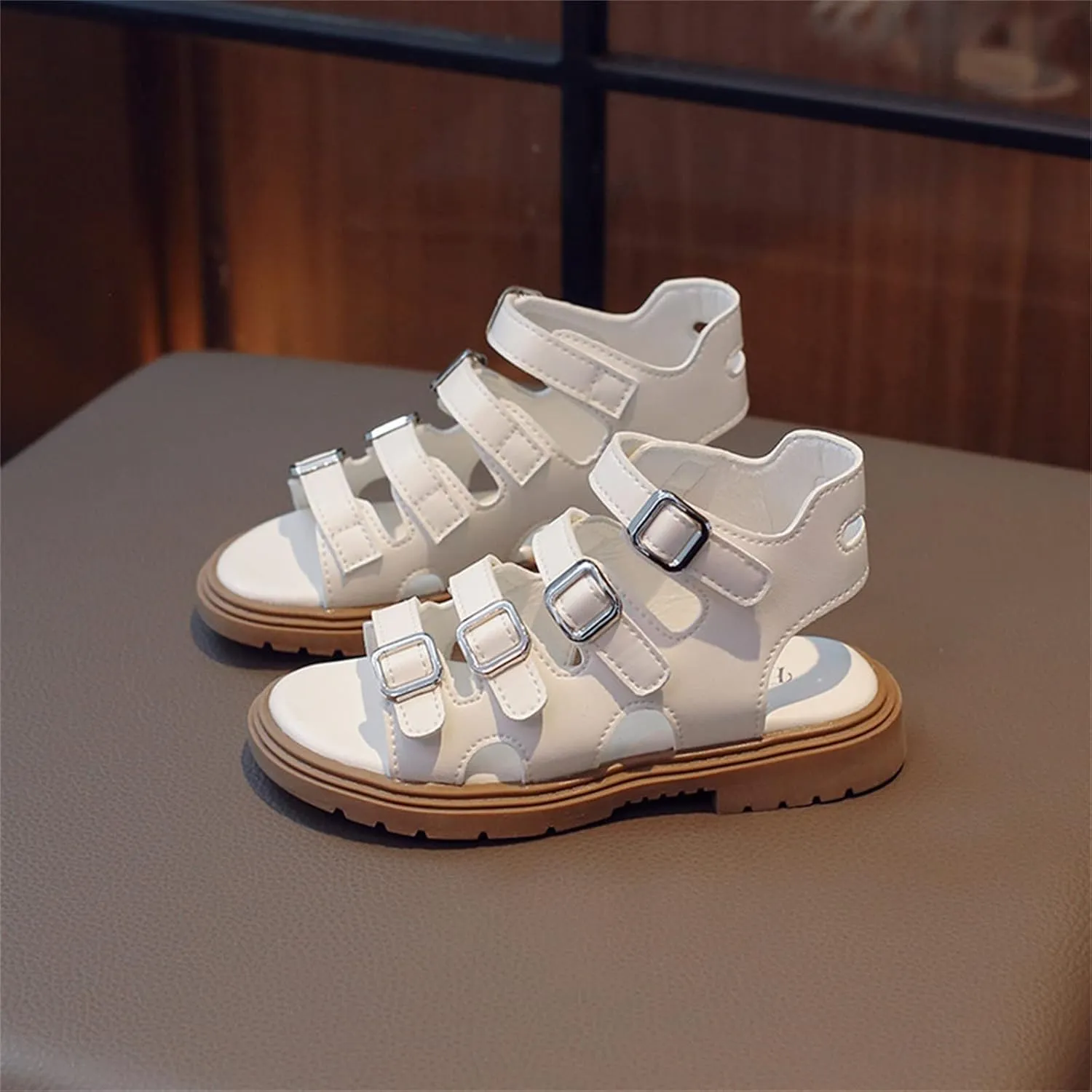 Girls Kids Gl𝐚diator Sandals Rubber Sole Non Slip Summer Shoes 4 Buckle Outdoor Water Ankle Shoes Baby Boys Sandals