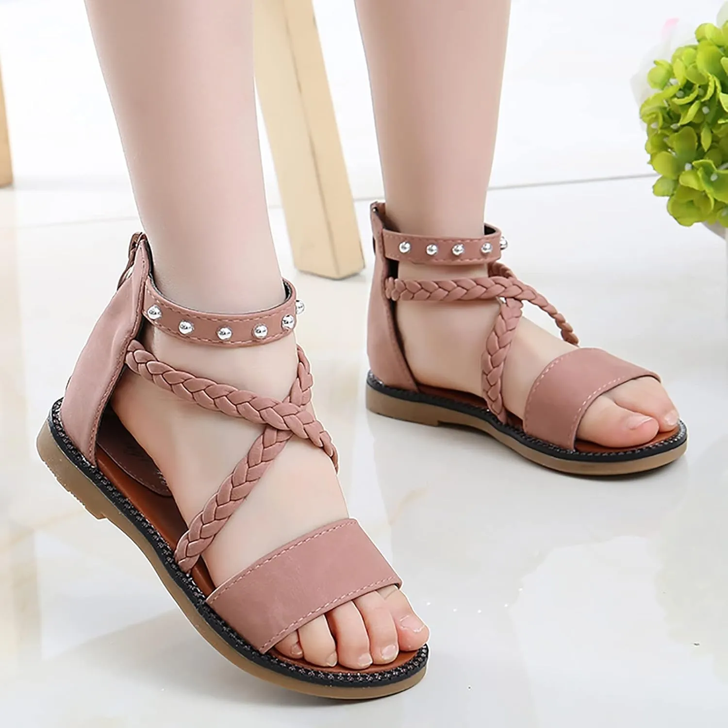 Girls Kids Leather Gl𝐚diator Sandals Ankle Open Toe X-Strap Flat Shoes Summer Casual Rubber Sole Non Slip Shoes Comfy