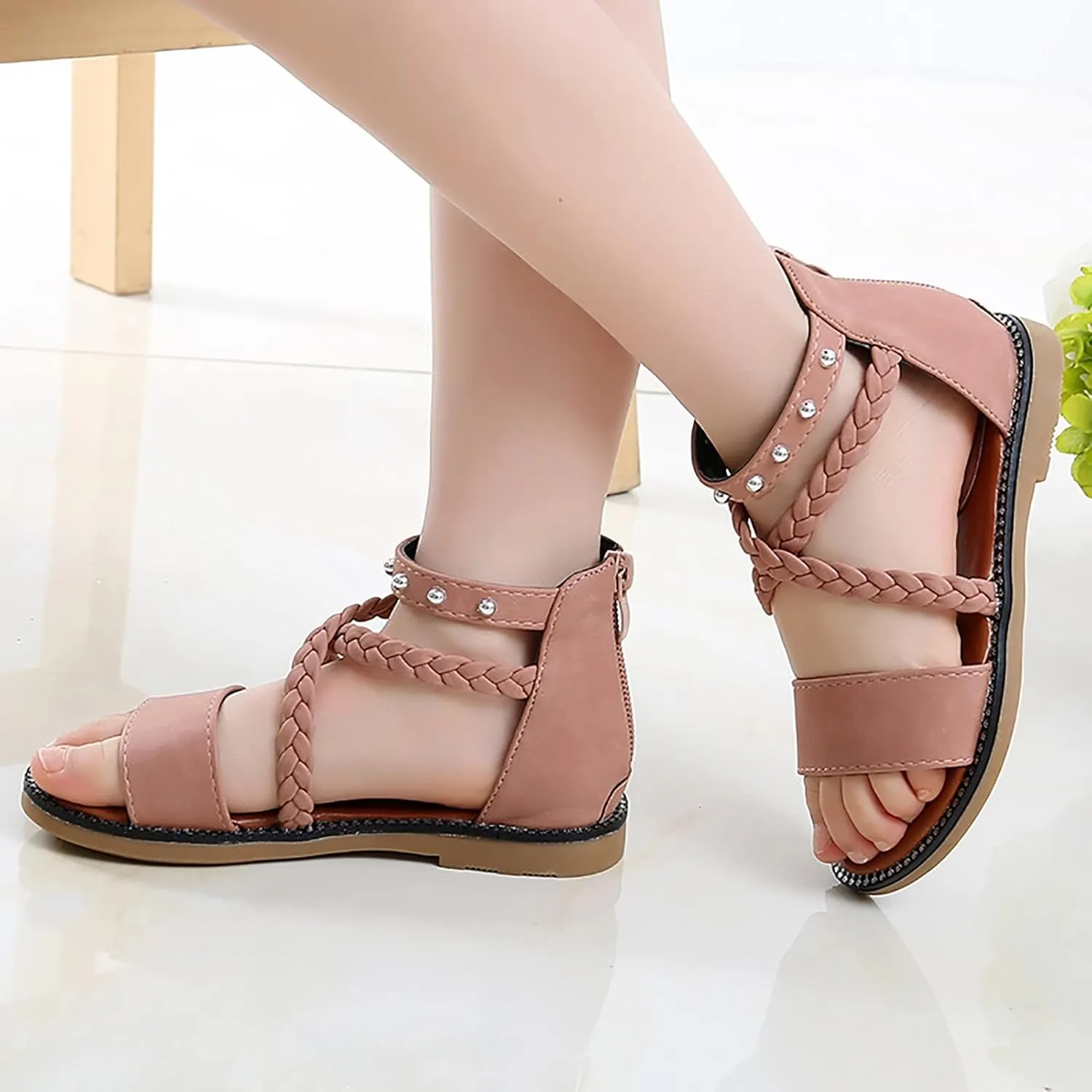 Girls Kids Leather Gl𝐚diator Sandals Ankle Open Toe X-Strap Flat Shoes Summer Casual Rubber Sole Non Slip Shoes Comfy