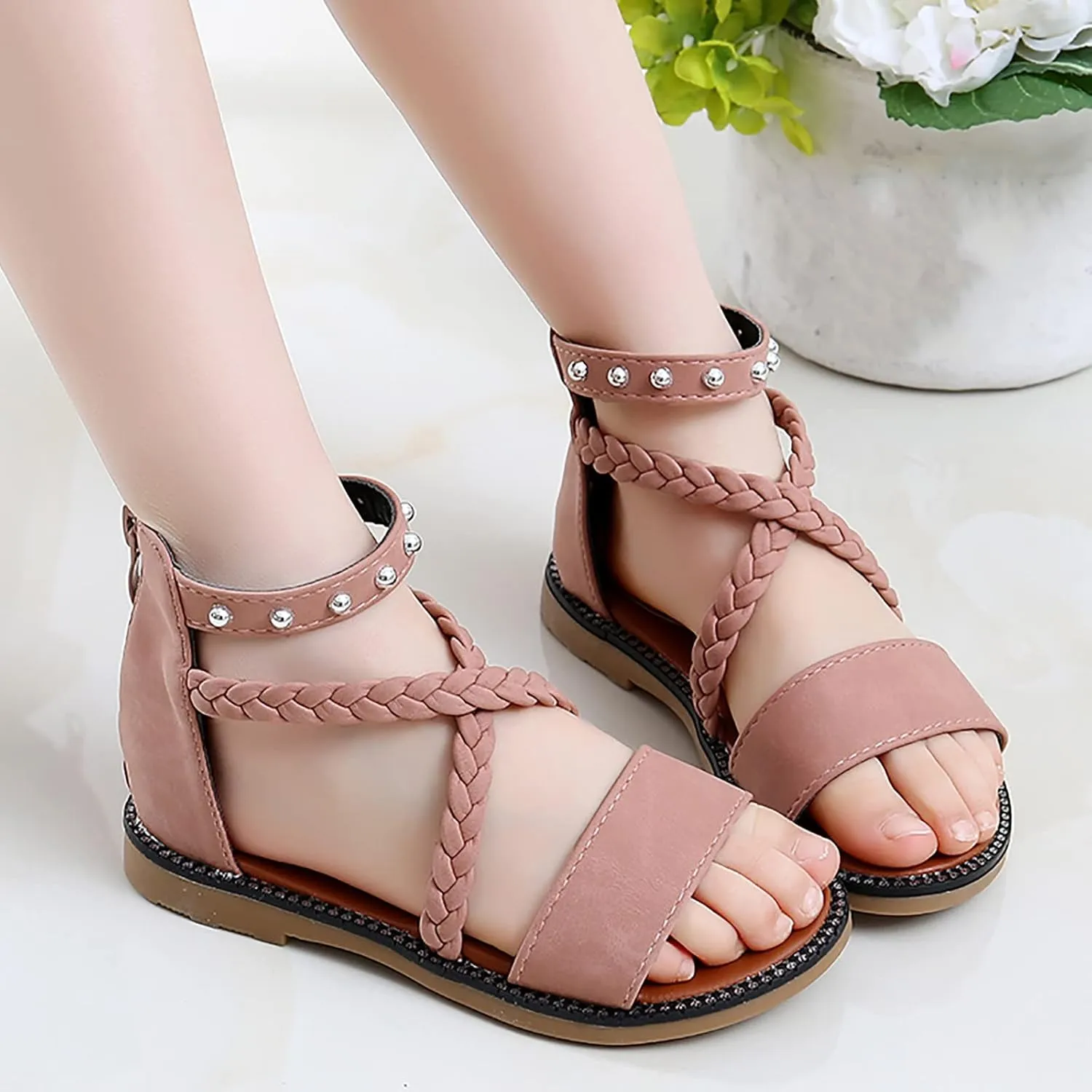 Girls Kids Leather Gl𝐚diator Sandals Ankle Open Toe X-Strap Flat Shoes Summer Casual Rubber Sole Non Slip Shoes Comfy
