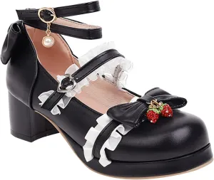 Girls Kids Leather Mary Jane High Heel Sandals Princess Ankle Closed Toe Strap Lace Pearl Shoes Wedding Fancy Sandals