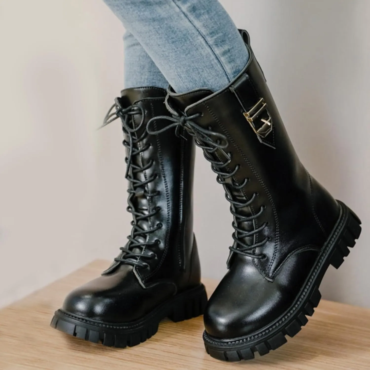 Girl's Knee High Boots Lace Up Side Zipper Combat Boots Faux Leather Non Slip Riding Boots Lug Sole Chunky Heels Shoes
