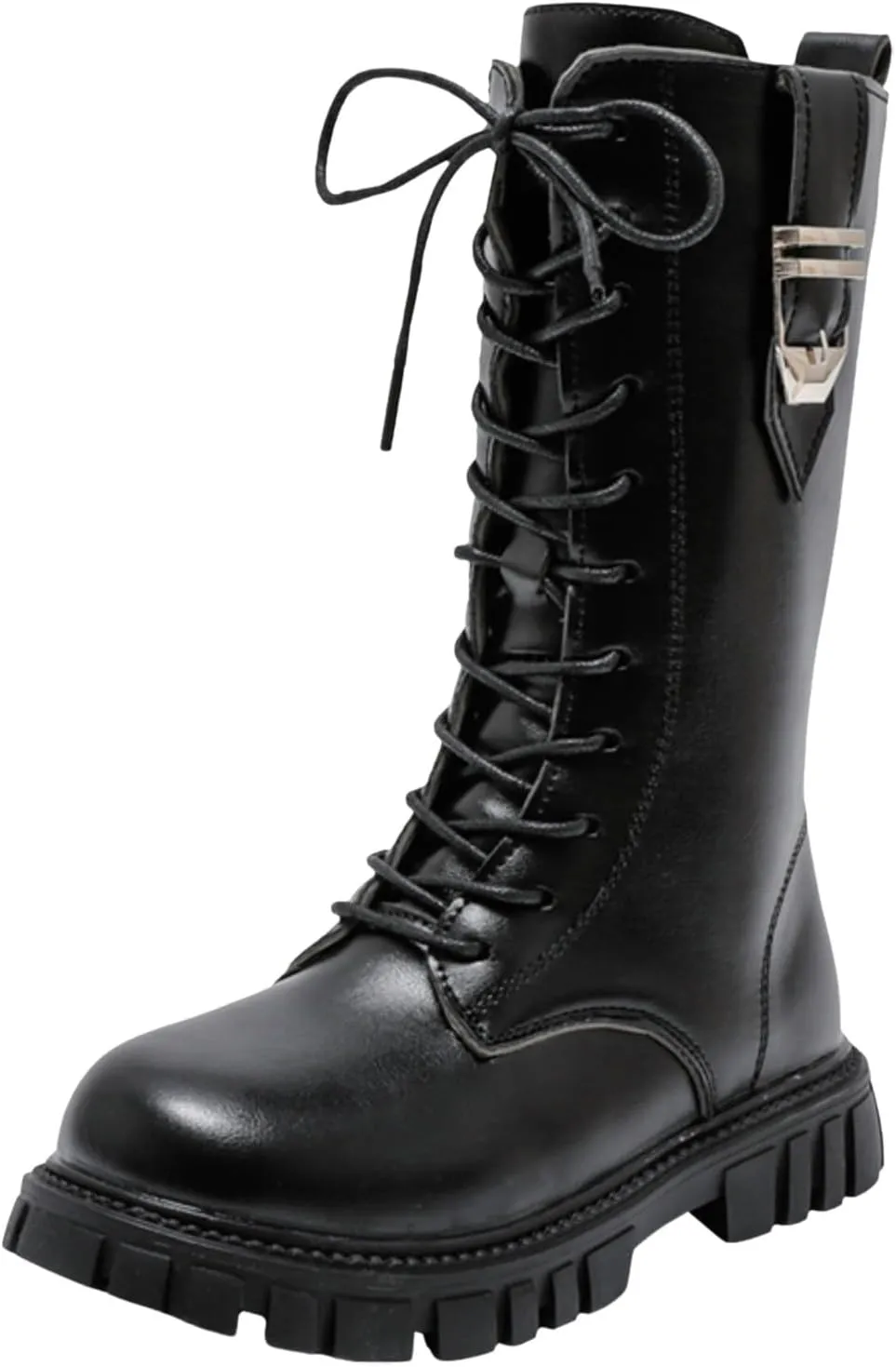 Girl's Knee High Boots Lace Up Side Zipper Combat Boots Faux Leather Non Slip Riding Boots Lug Sole Chunky Heels Shoes
