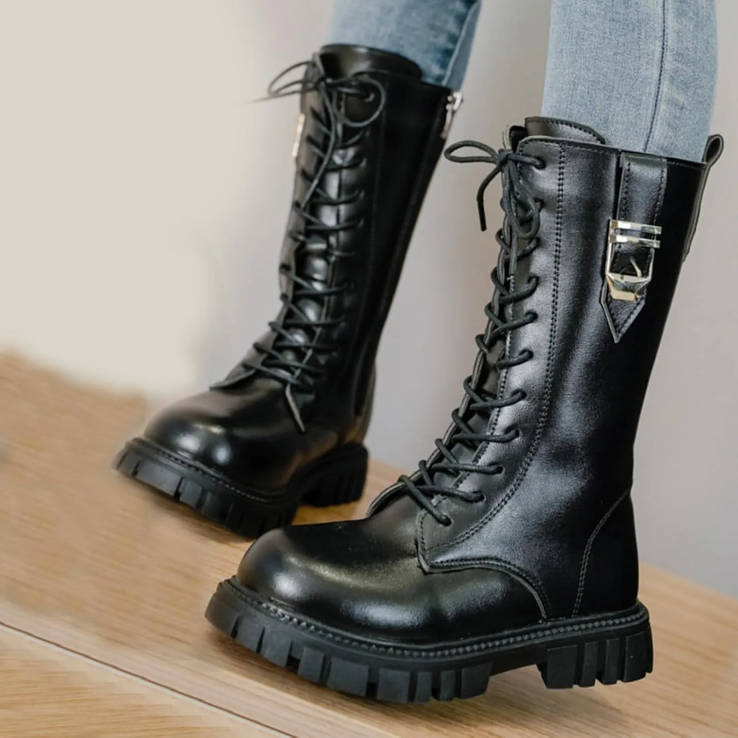 Girl's Knee High Boots Lace Up Side Zipper Combat Boots Faux Leather Non Slip Riding Boots Lug Sole Chunky Heels Shoes