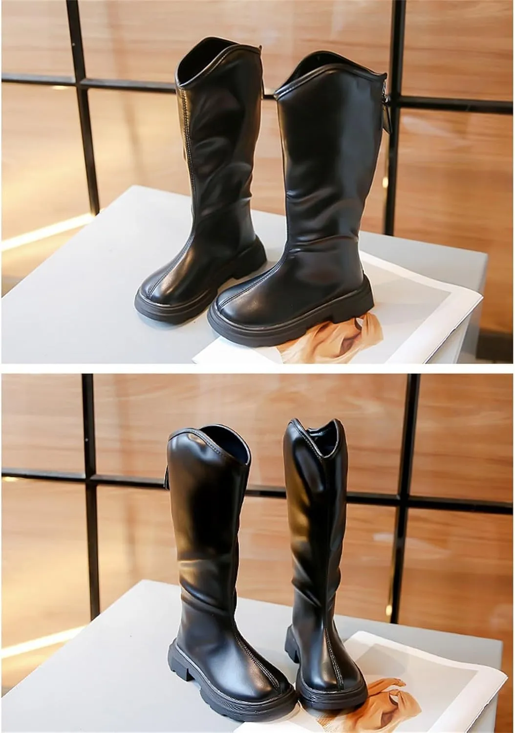 Girls Leather 𝐖aterproof Long Boots Kids 𝗟ow Heel Fron Zipper Shoes Childrens Outdoor Dress Dance Soft Shoes Comfy