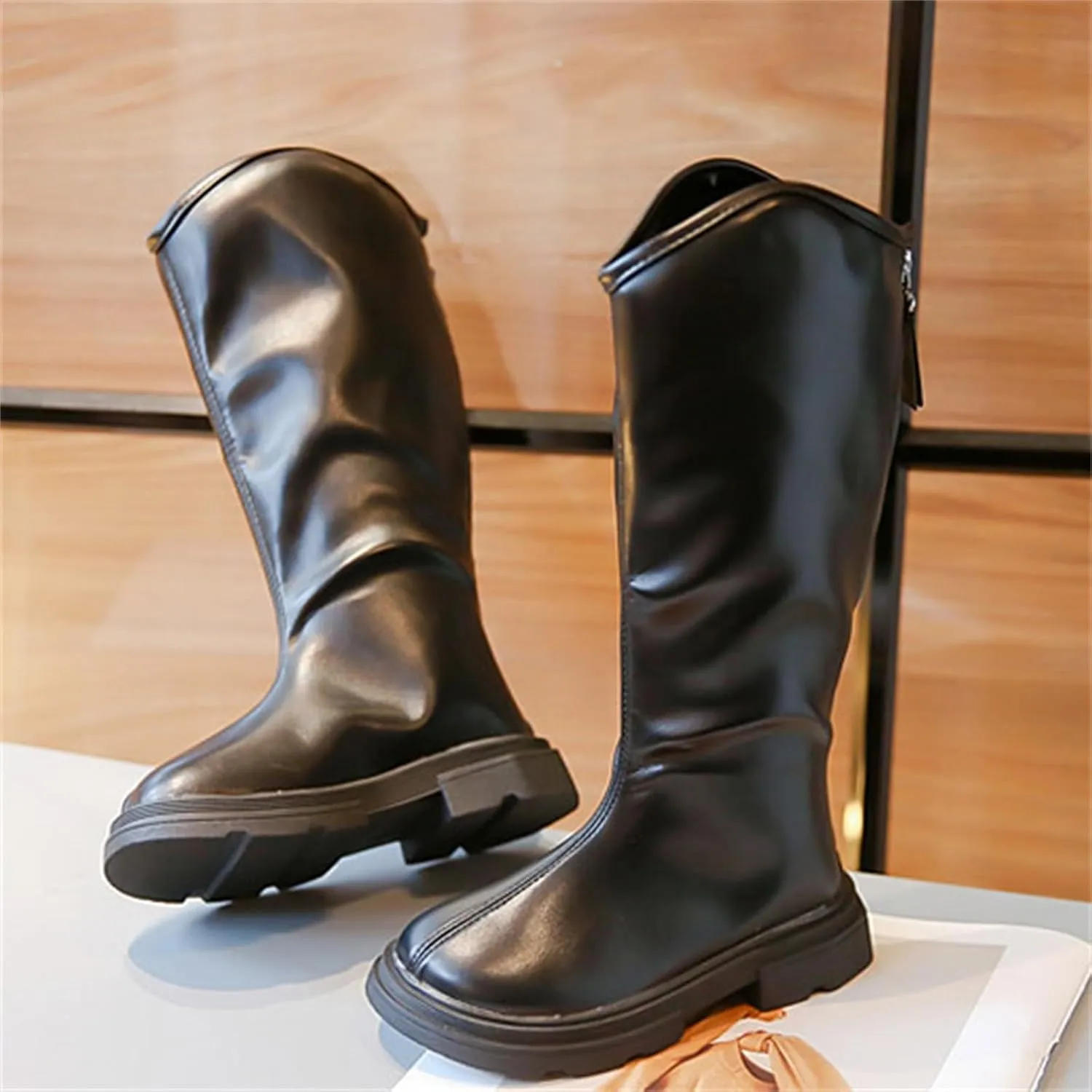 Girls Leather 𝐖aterproof Long Boots Kids 𝗟ow Heel Fron Zipper Shoes Childrens Outdoor Dress Dance Soft Shoes Comfy