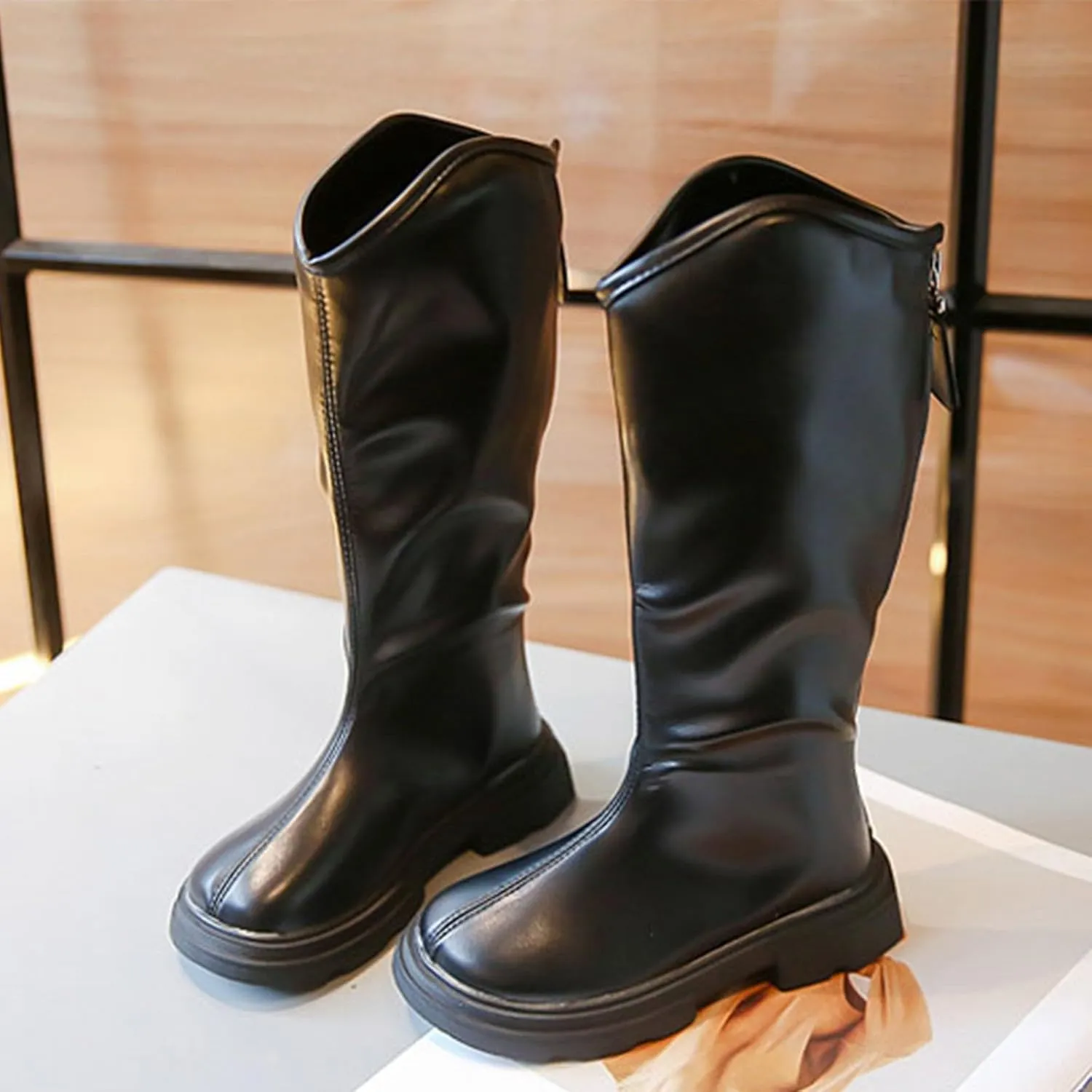 Girls Leather 𝐖aterproof Long Boots Kids 𝗟ow Heel Fron Zipper Shoes Childrens Outdoor Dress Dance Soft Shoes Comfy