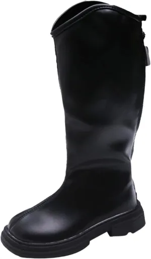 Girls Leather 𝐖aterproof Long Boots Kids 𝗟ow Heel Fron Zipper Shoes Childrens Outdoor Dress Dance Soft Shoes Comfy