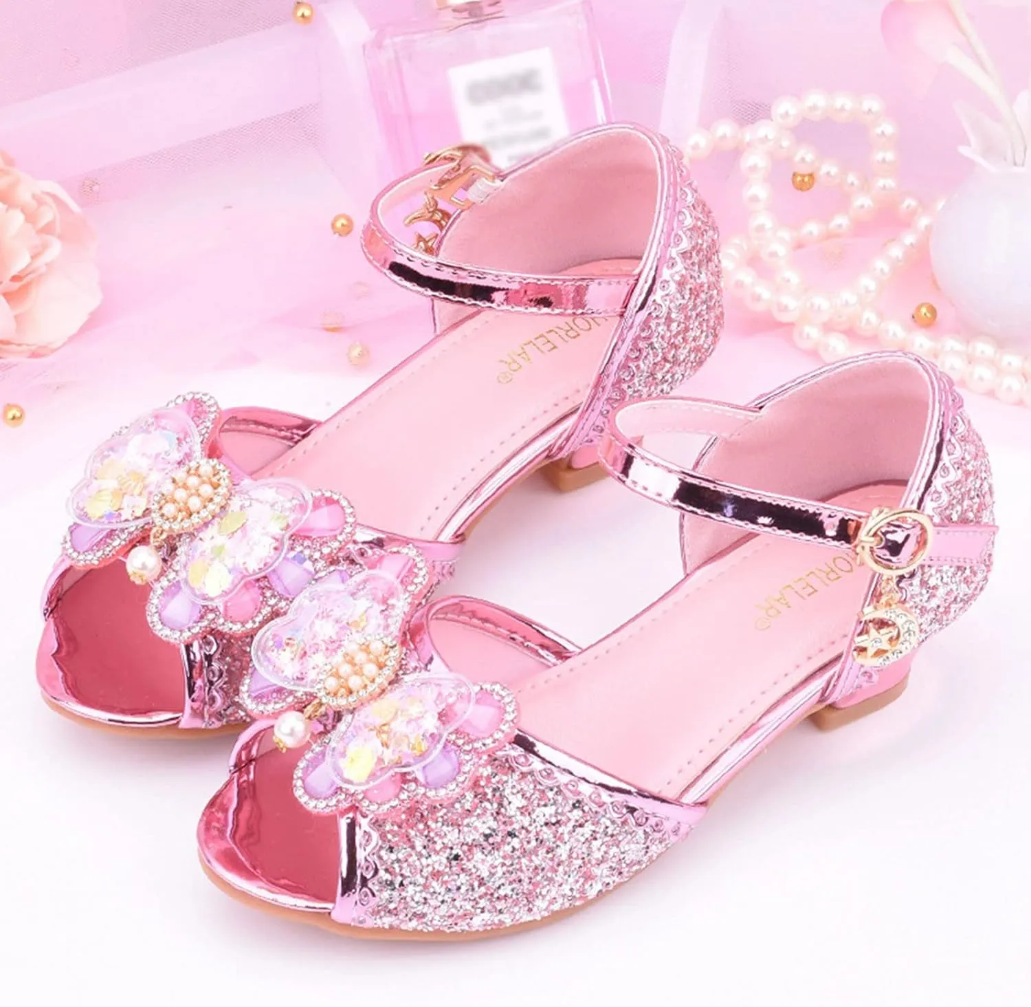 Girl's Sparkle Party Wedding Sandals Bow Strap Glitter Low Heel Princess Dress Shoes for Toddler Little/Big Kid