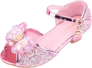 Girl's Sparkle Party Wedding Sandals Bow Strap Glitter Low Heel Princess Dress Shoes for Toddler Little/Big Kid