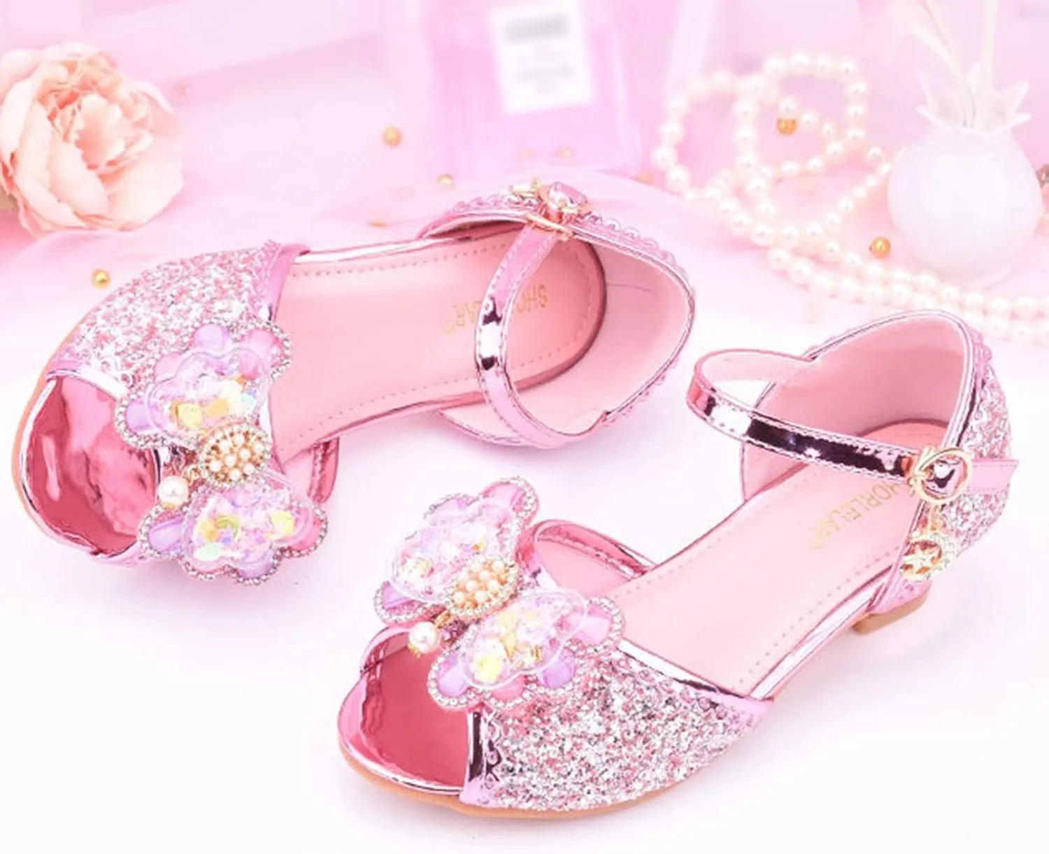 Girl's Sparkle Party Wedding Sandals Bow Strap Glitter Low Heel Princess Dress Shoes for Toddler Little/Big Kid
