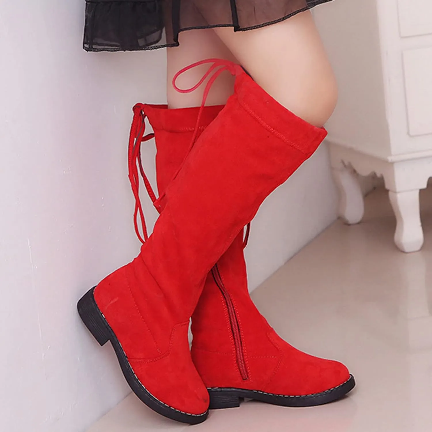 Girls Tall Boots Childrens Kids Side Zipper Fuzzy Lined Boots Winter Outdoor Casual Lace-Up Big Girls Shoes Non Slip