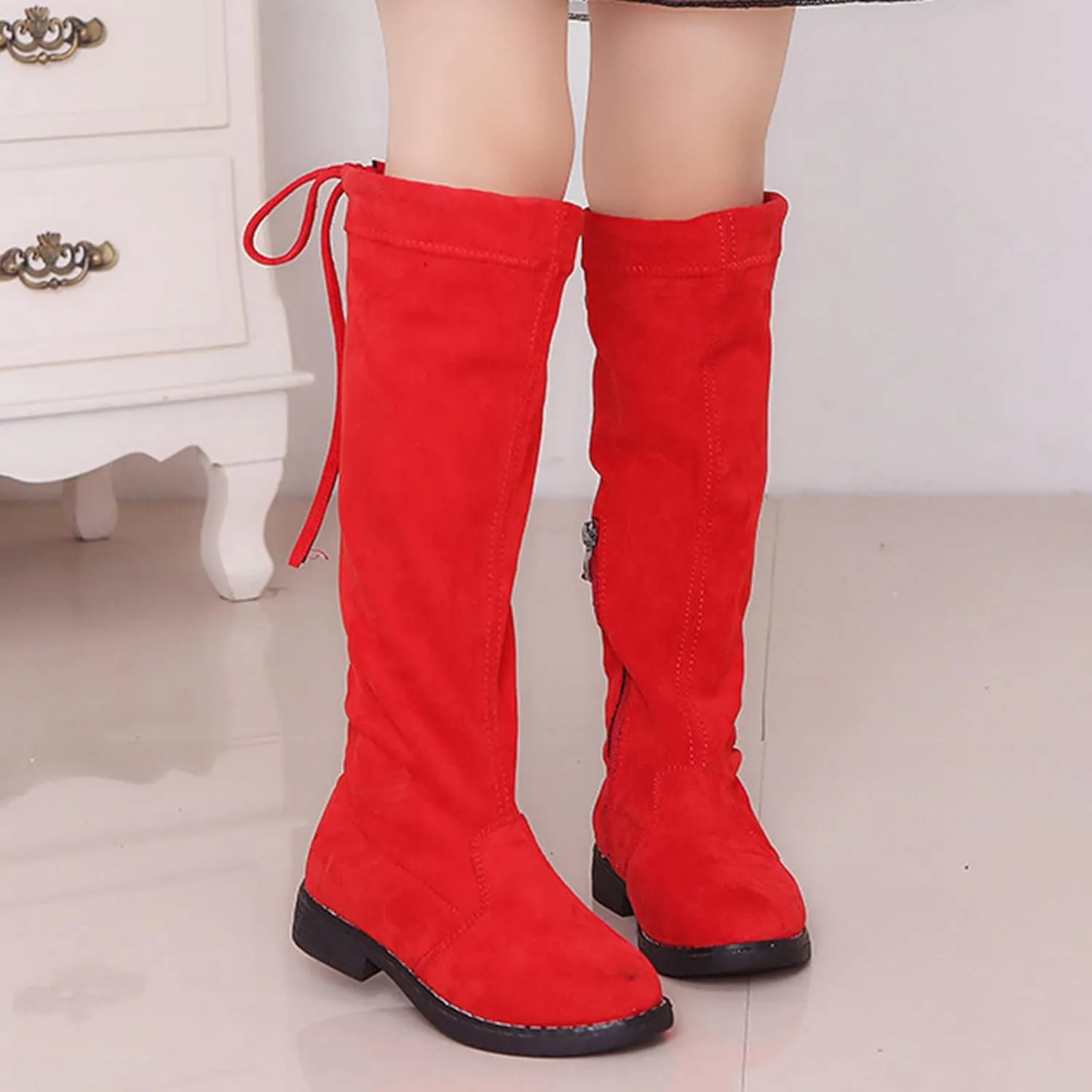Girls Tall Boots Childrens Kids Side Zipper Fuzzy Lined Boots Winter Outdoor Casual Lace-Up Big Girls Shoes Non Slip