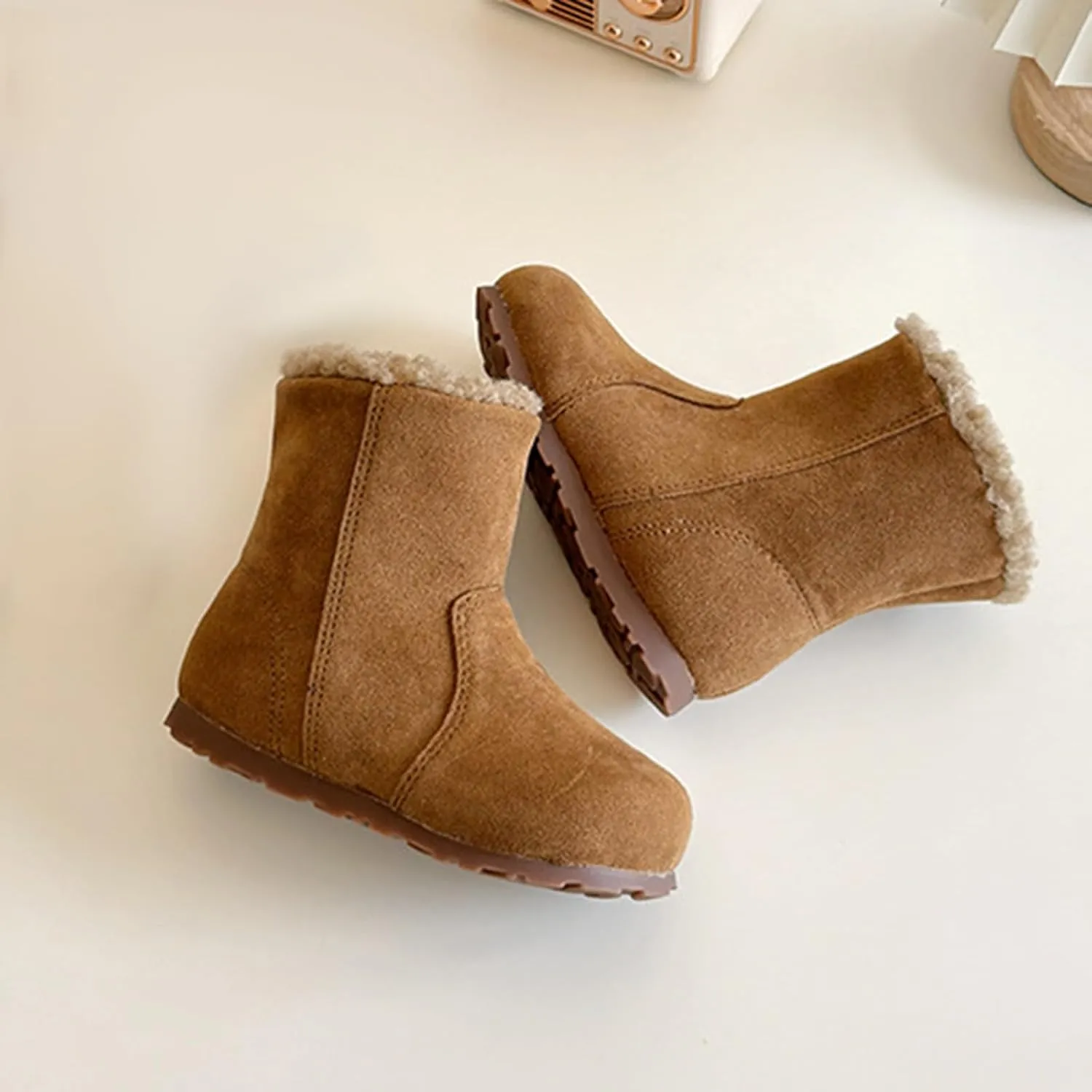 Girls Winter Mid Calf Snow Boots Faux F𝐮r Lined Non-Slip Shoes For Toddler Faux F𝐮r Boots Kids Ankle Boots For Girls