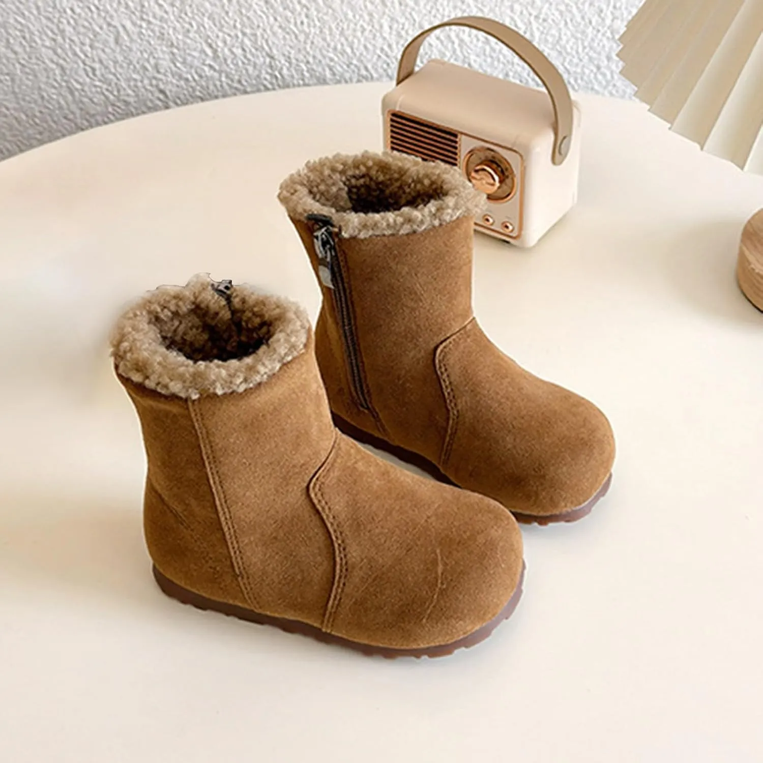 Girls Winter Mid Calf Snow Boots Faux F𝐮r Lined Non-Slip Shoes For Toddler Faux F𝐮r Boots Kids Ankle Boots For Girls