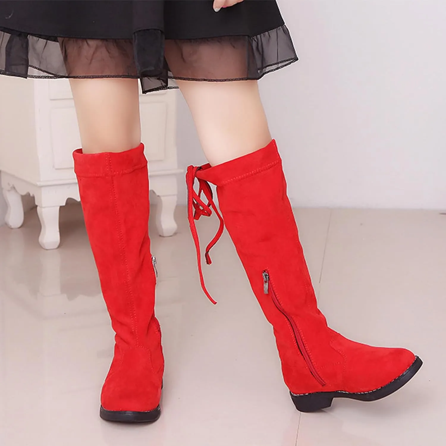 Girls' Youth Side Zipper Back Tie String Suede Knee High Long Boots Fur-Lined Over The Knee Winter Booties