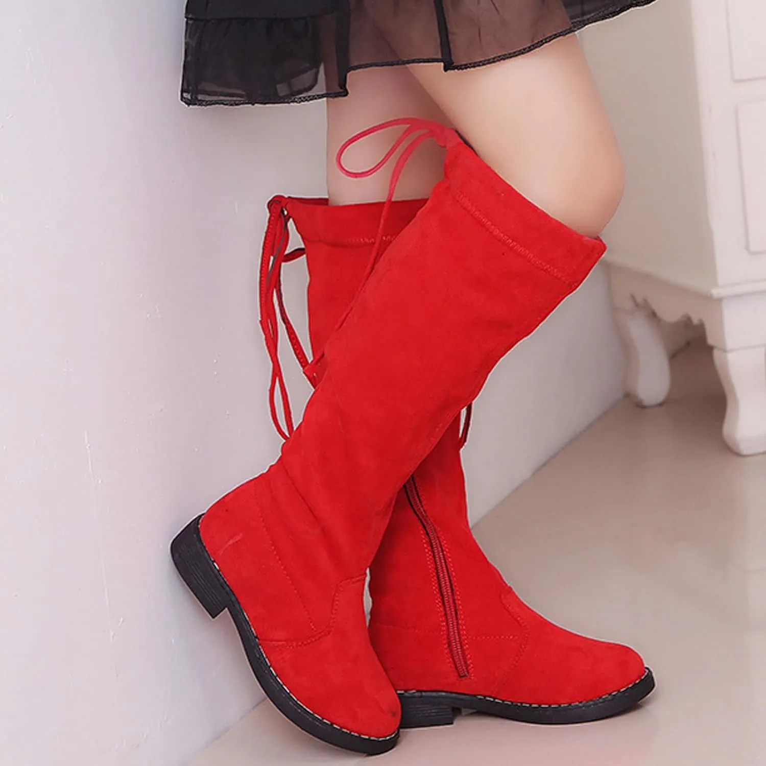 Girls' Youth Side Zipper Back Tie String Suede Knee High Long Boots Fur-Lined Over The Knee Winter Booties