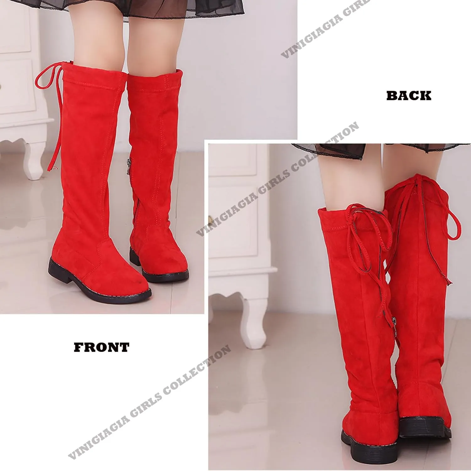 Girls' Youth Side Zipper Back Tie String Suede Knee High Long Boots Fur-Lined Over The Knee Winter Booties