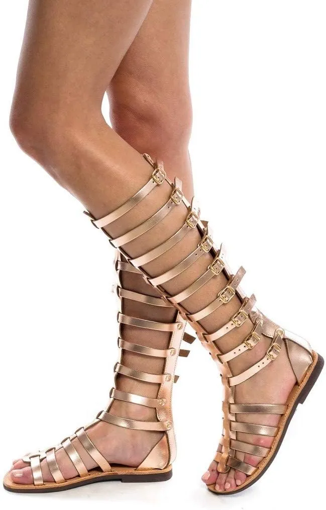 Gladiator Sandals for Women Knee High Roman Strappy Zipper Thong Sandal Flat Summer Dress Shoes with Ankle Straps