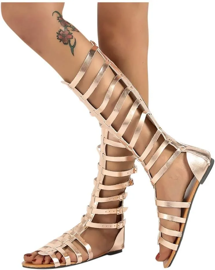 Gladiator Sandals for Women Knee High Roman Strappy Zipper Thong Sandal Flat Summer Dress Shoes with Ankle Straps