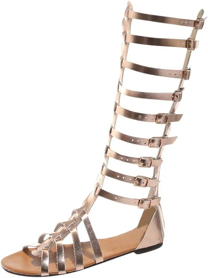 Gladiator Sandals for Women Knee High Roman Strappy Zipper Thong Sandal Flat Summer Dress Shoes with Ankle Straps