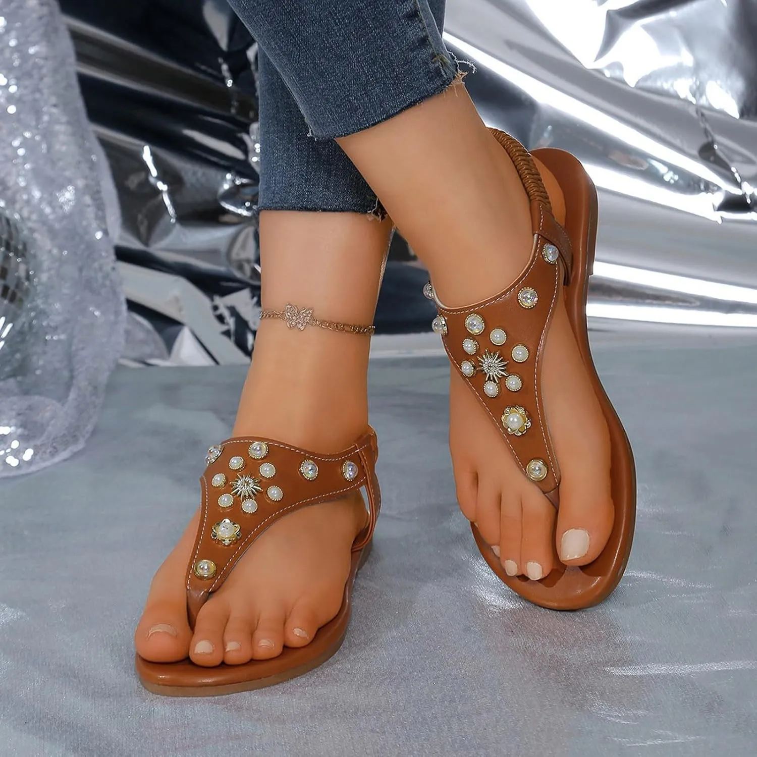 Glamorous Outdoors T-strap Flat Sandals For Women Rhinestone Decor Plain PVC Toe Post Thong Sandals