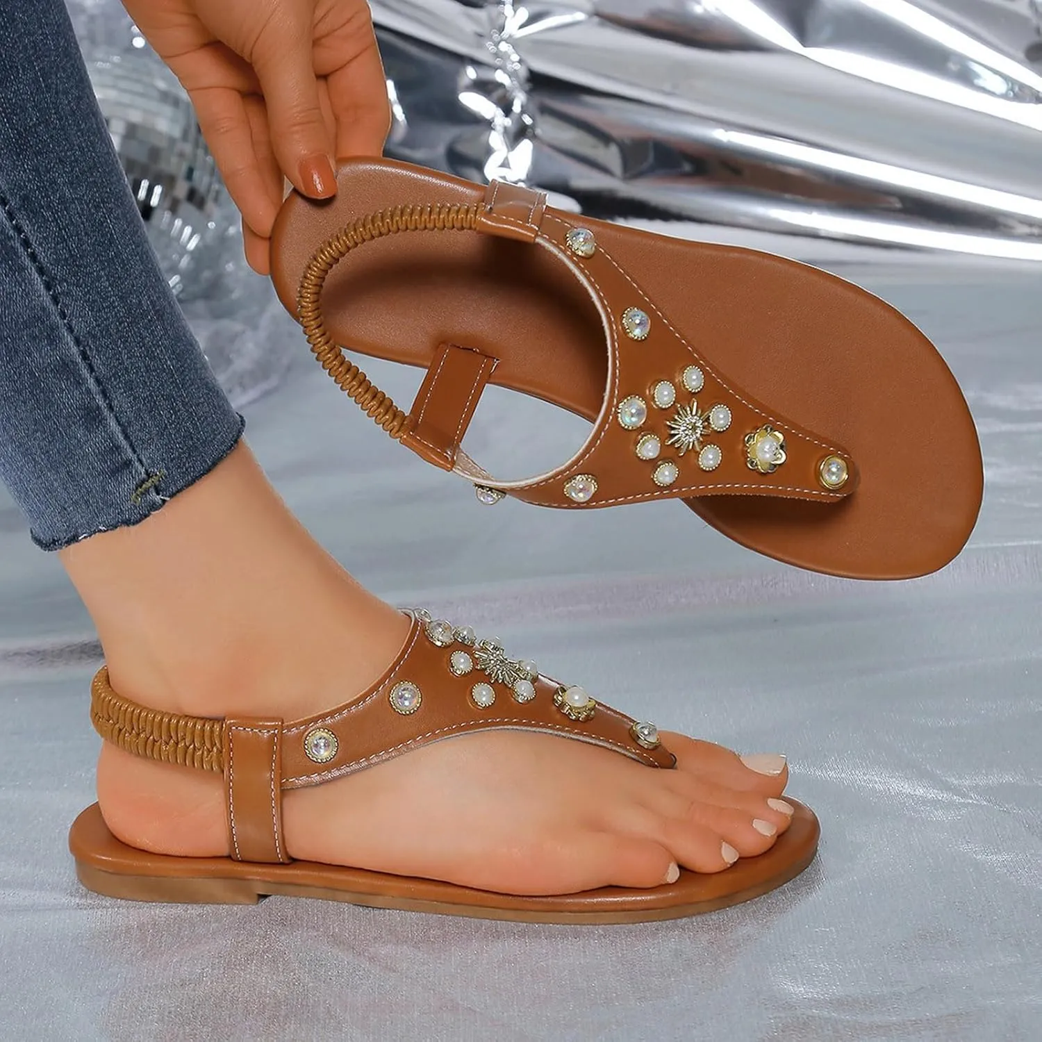 Glamorous Outdoors T-strap Flat Sandals For Women Rhinestone Decor Plain PVC Toe Post Thong Sandals