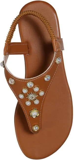 Glamorous Outdoors T-strap Flat Sandals For Women Rhinestone Decor Plain PVC Toe Post Thong Sandals