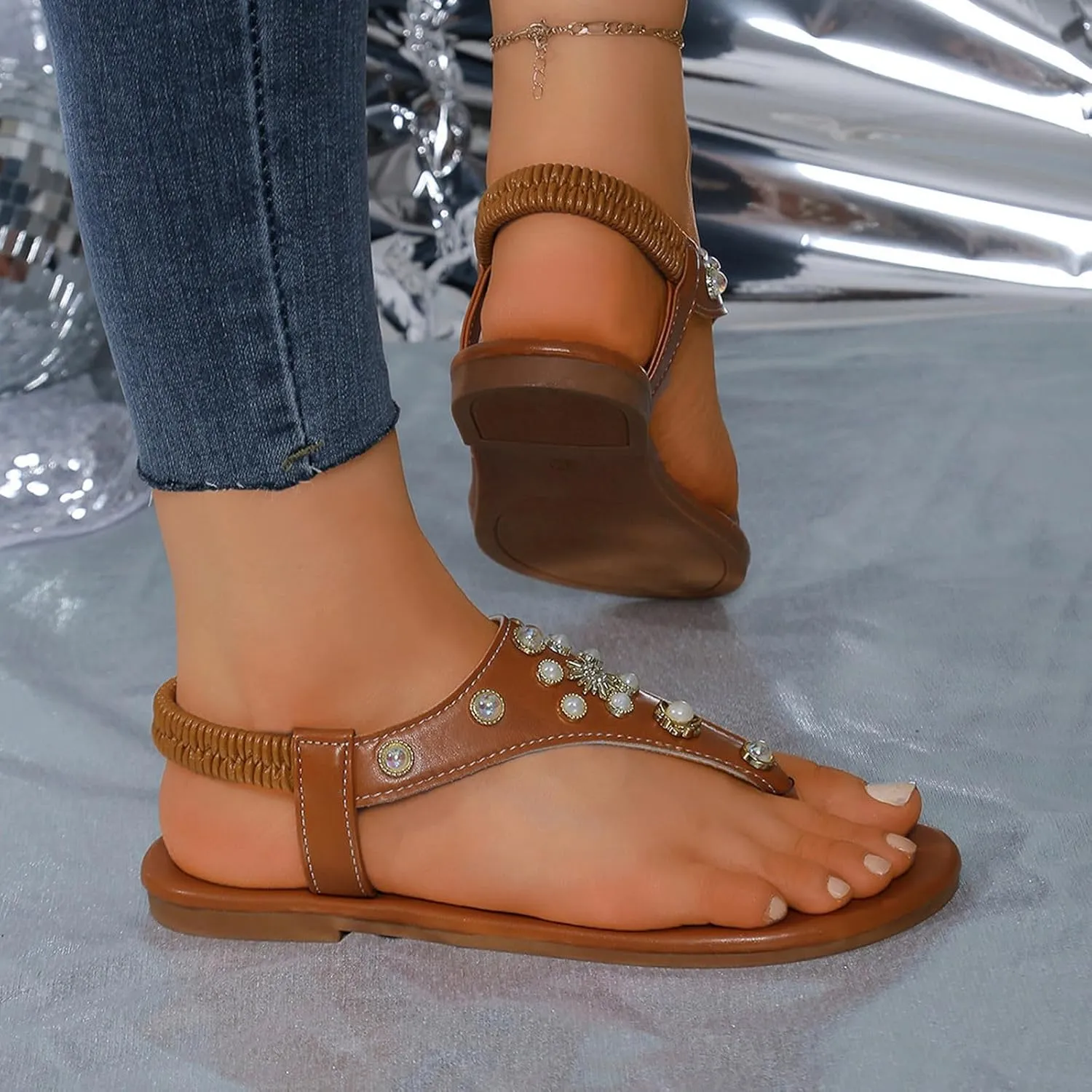 Glamorous Outdoors T-strap Flat Sandals For Women Rhinestone Decor Plain PVC Toe Post Thong Sandals