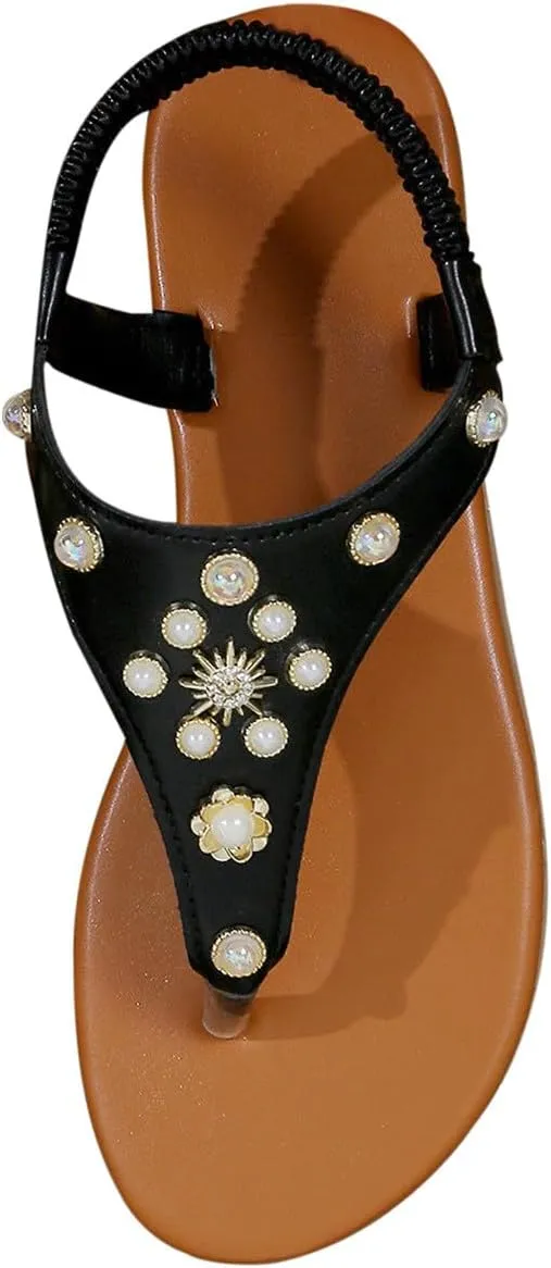 Glamorous Outdoors T-strap Flat Sandals For Women Rhinestone Decor Plain PVC Toe Post Thong Sandals