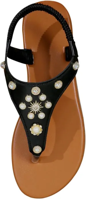 Glamorous Outdoors T-strap Flat Sandals For Women Rhinestone Decor Plain PVC Toe Post Thong Sandals