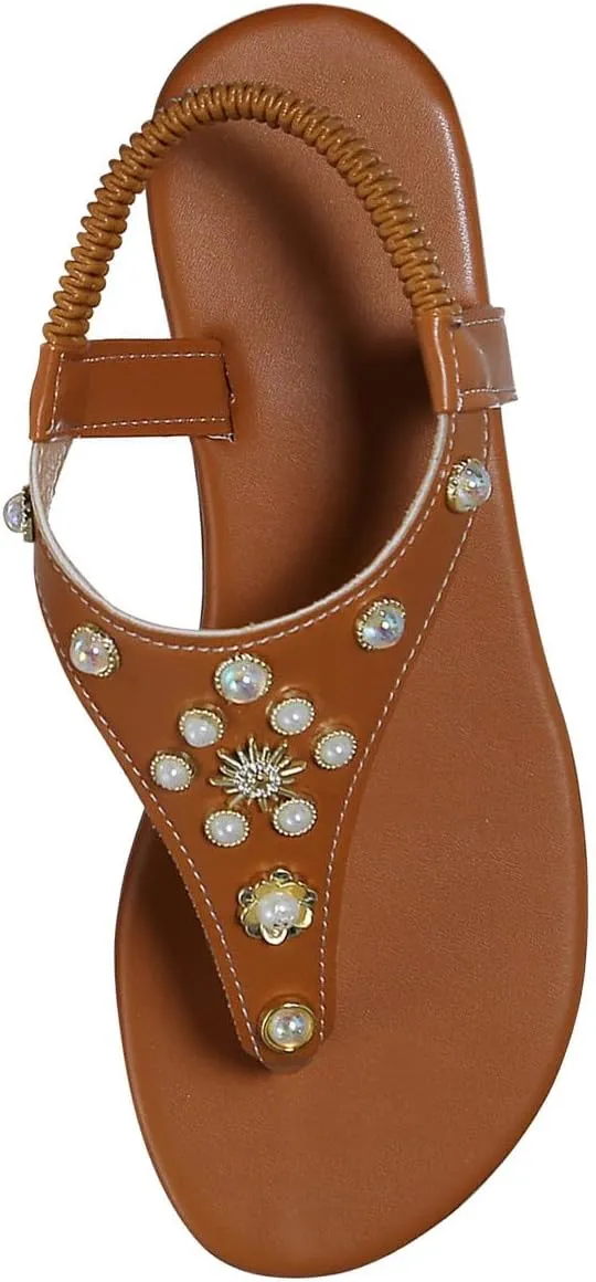 Glamorous Outdoors T-strap Flat Sandals For Women Rhinestone Decor Plain PVC Toe Post Thong Sandals