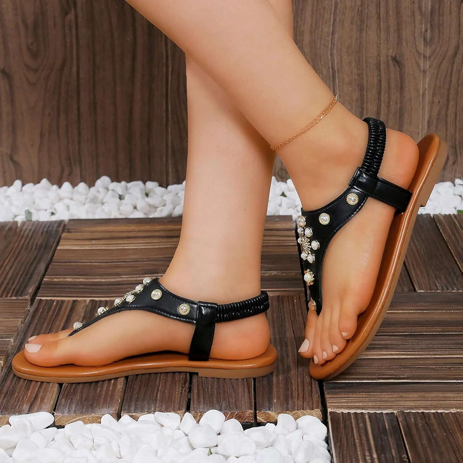 Glamorous Outdoors T-strap Flat Sandals For Women Rhinestone Decor Plain PVC Toe Post Thong Sandals