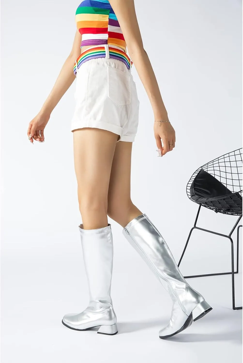 GOGO Boots for Women, Knee High Boots, Low Block Heel Zipper Boots Ladies Party Dance Shoes