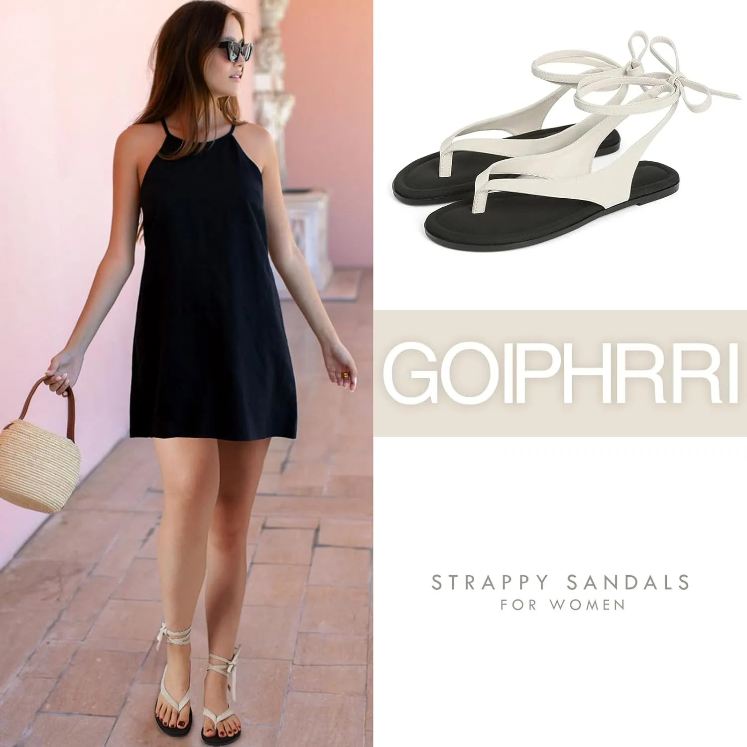 Goiphrri Flat Sandals for Women Dressy Comfortable Soft Lace Up Strappy Sandals Round Toe Thong Sandals for Women Flip Flop Sandals Casual Fashion Cute Summer Beach
