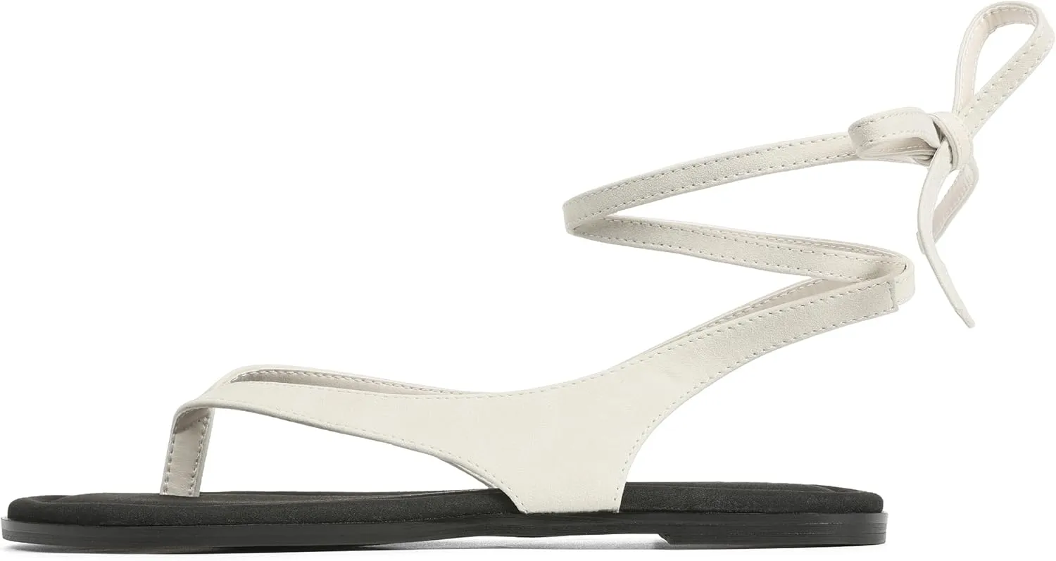 Goiphrri Flat Sandals for Women Dressy Comfortable Soft Lace Up Strappy Sandals Round Toe Thong Sandals for Women Flip Flop Sandals Casual Fashion Cute Summer Beach