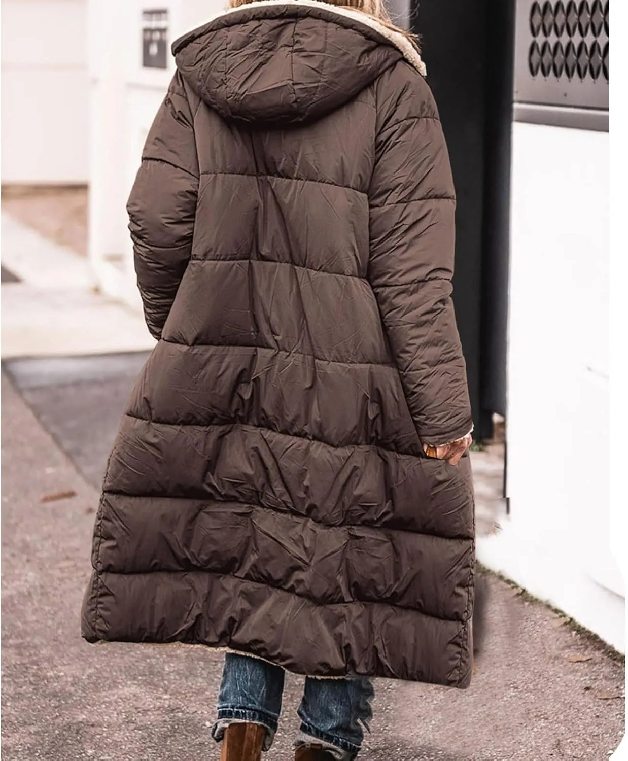 GOKKILRW Womens Long Fleece Down Coats Shearling Sherpa Quilted Jacket with Hood 2024 Winter Fashion Clothes Oversized Jacket