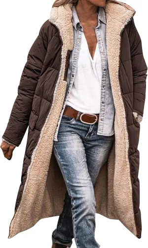 GOKKILRW Womens Long Fleece Down Coats Shearling Sherpa Quilted Jacket with Hood 2024 Winter Fashion Clothes Oversized Jacket