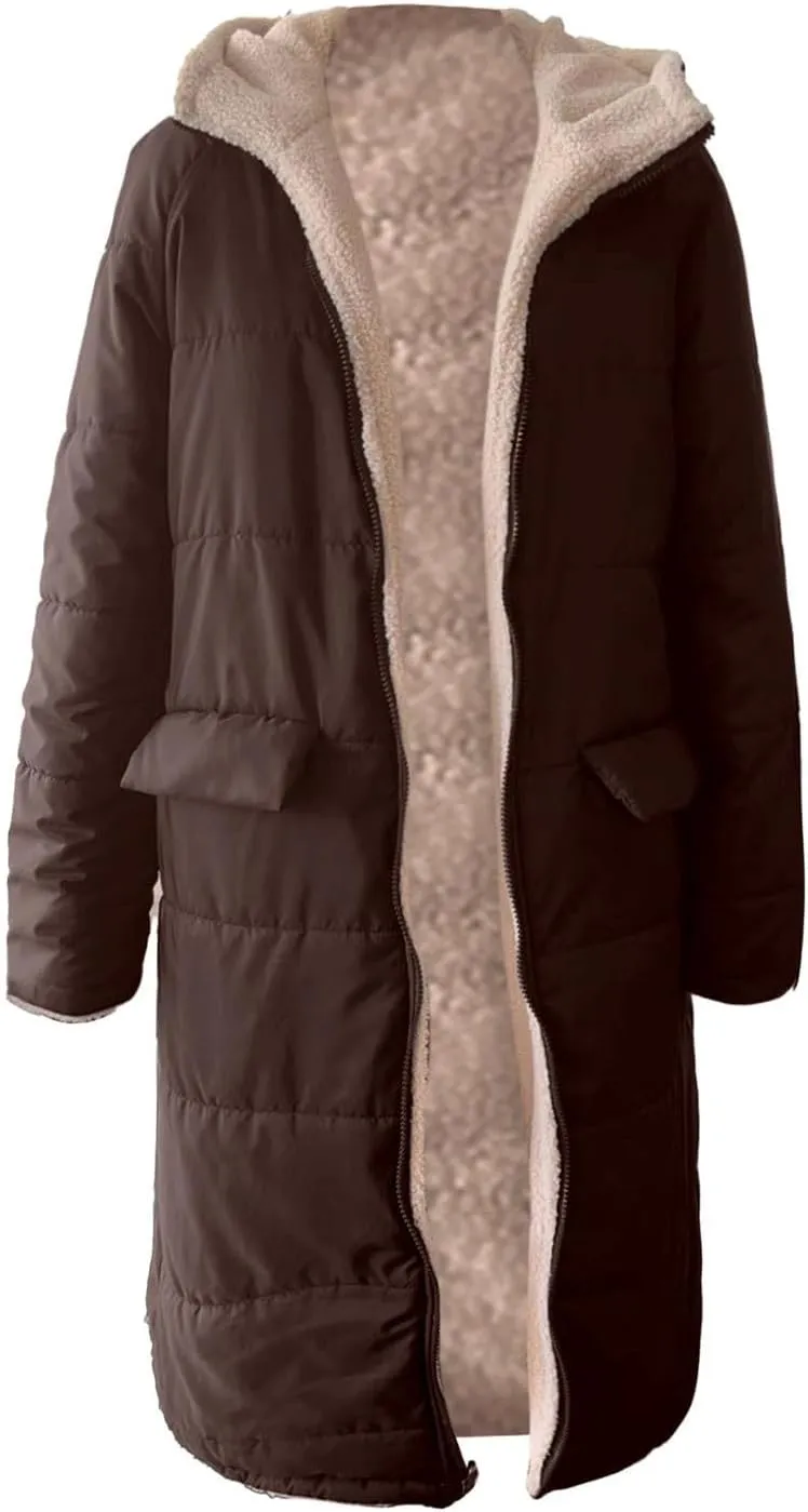 GOKKILRW Womens Long Fleece Down Coats Shearling Sherpa Quilted Jacket with Hood 2024 Winter Fashion Clothes Oversized Jacket