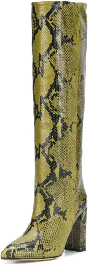 Goolita Women's Knee High Snakeskin Boots Chunky Heel Wide Calf Pull on Long Bootie