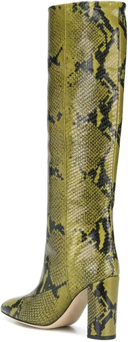 Goolita Women's Knee High Snakeskin Boots Chunky Heel Wide Calf Pull on Long Bootie
