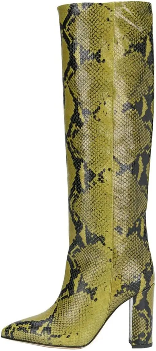 Goolita Women's Knee High Snakeskin Boots Chunky Heel Wide Calf Pull on Long Bootie
