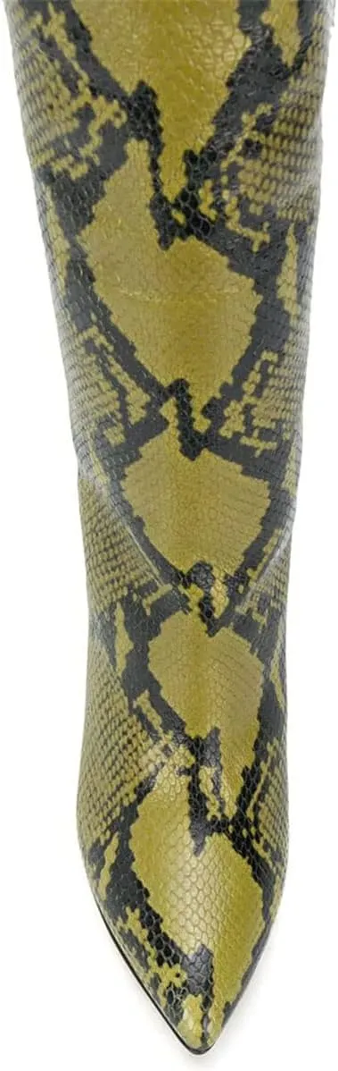 Goolita Women's Knee High Snakeskin Boots Chunky Heel Wide Calf Pull on Long Bootie